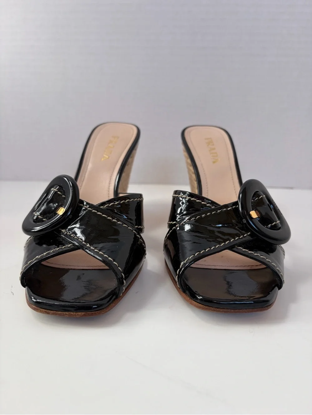 Prada Espadrille Wedge Sandals Vernice Buckle Patent Leather Black Size 38.5